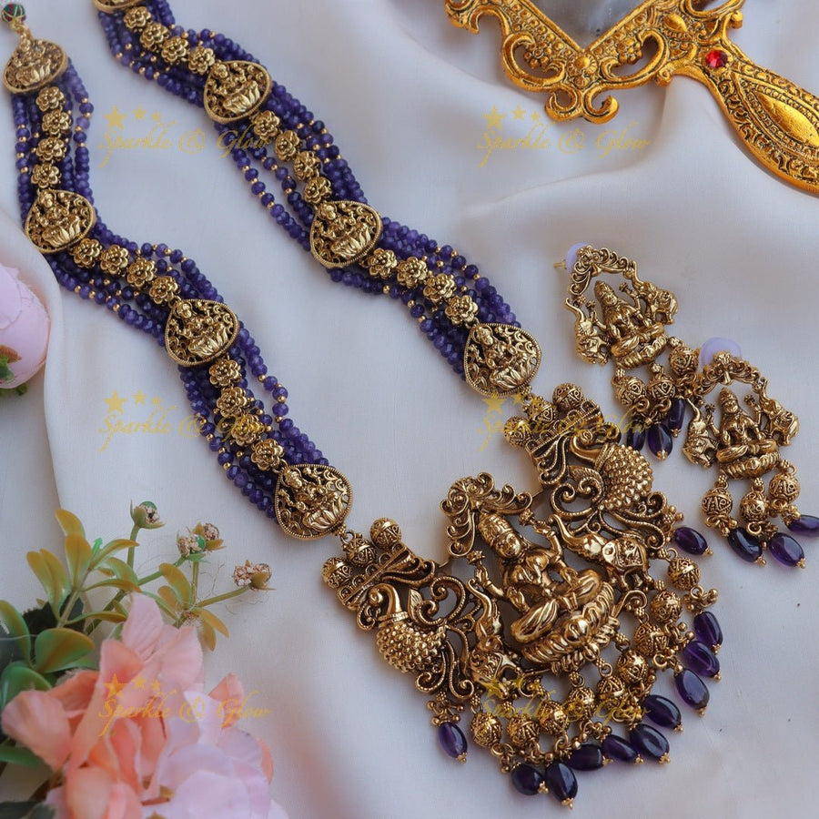Gorgeous Lakshmi peacock elephant carved pendant multi layer beads haram - Blue - Sparkle and Glow - 