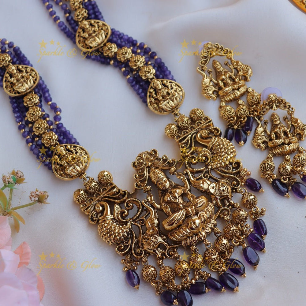 Gorgeous Lakshmi peacock elephant carved pendant multi layer beads haram - Blue - Sparkle and Glow - 