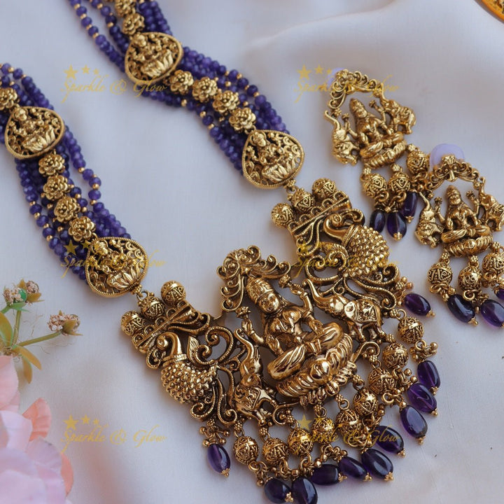 Gorgeous Lakshmi peacock elephant carved pendant multi layer beads haram - Blue - Sparkle and Glow - 