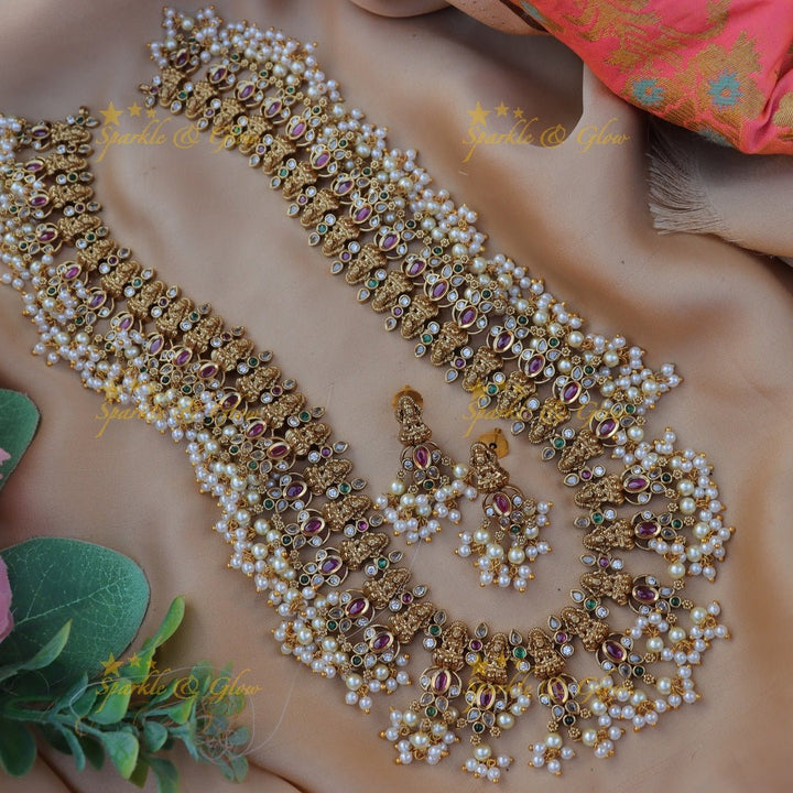 Gracious Idol Lakshmi Floral carved guttapusalu haram - Sparkle and Glow - 