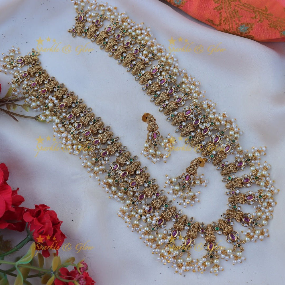 Gracious Idol Lakshmi Floral carved guttapusalu haram - Sparkle and Glow - 