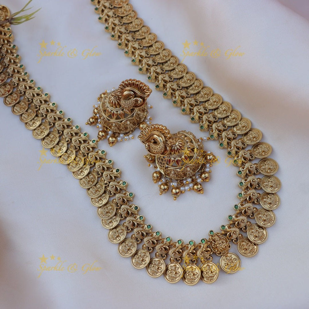 Elegant gold alike Peacock Lakshmi Coin carved Haram - Sparkle and Glow - 