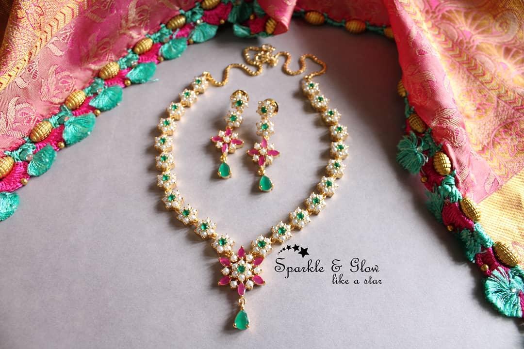 Navarathana stone flower AD necklace - Sparkle and Glow
