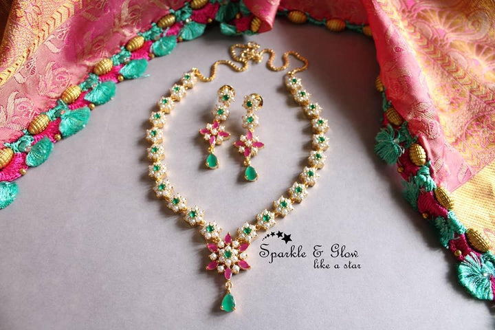 Navarathana stone flower AD necklace - Sparkle and Glow