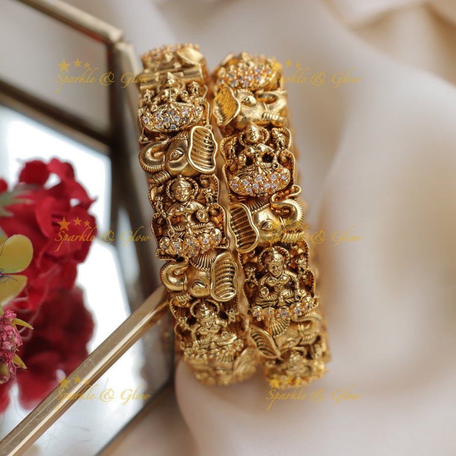 Antique Gold - alike Temple Bangles with Elephant & Goddess Lakshmi Motifs - Sparkle and Glow - 2.4 - 