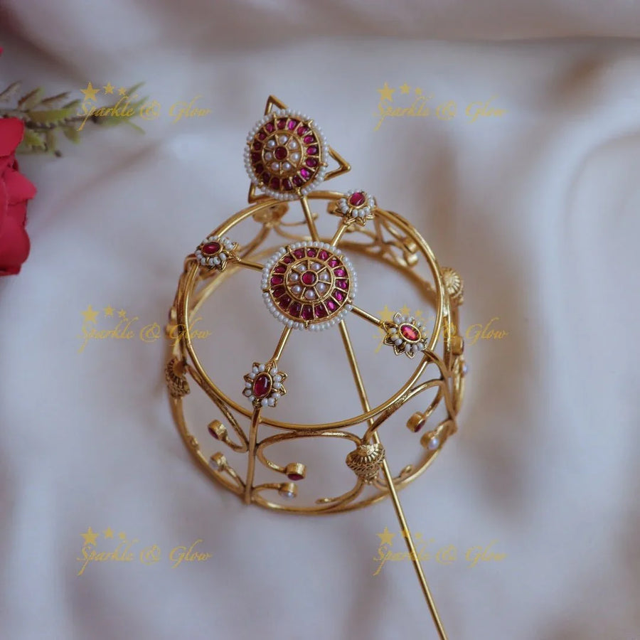 Grand gold alike jadau Floral Hair Bun Holder - Pink - Sparkle and Glow