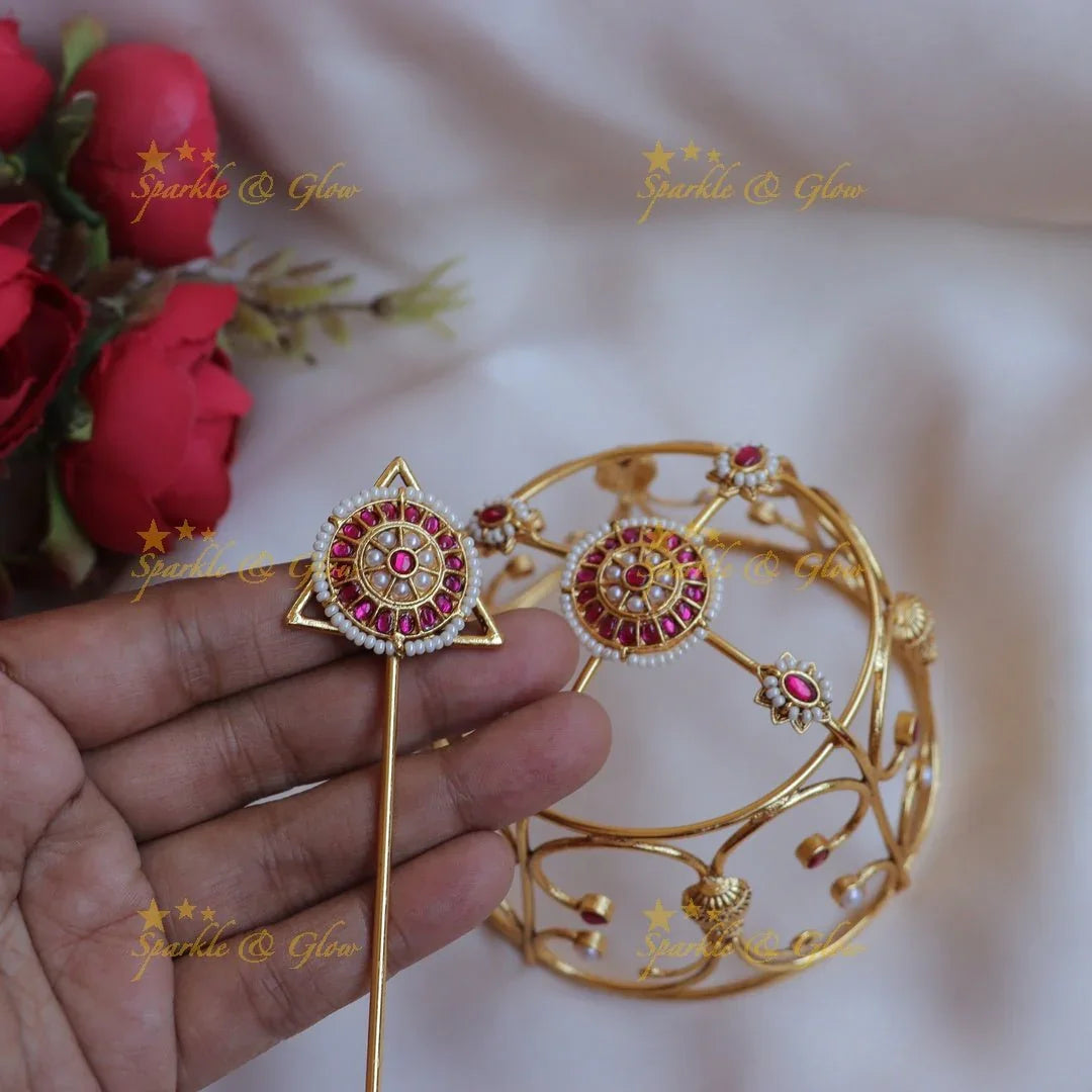 Grand gold alike jadau Floral Hair Bun Holder - Pink - Sparkle and Glow