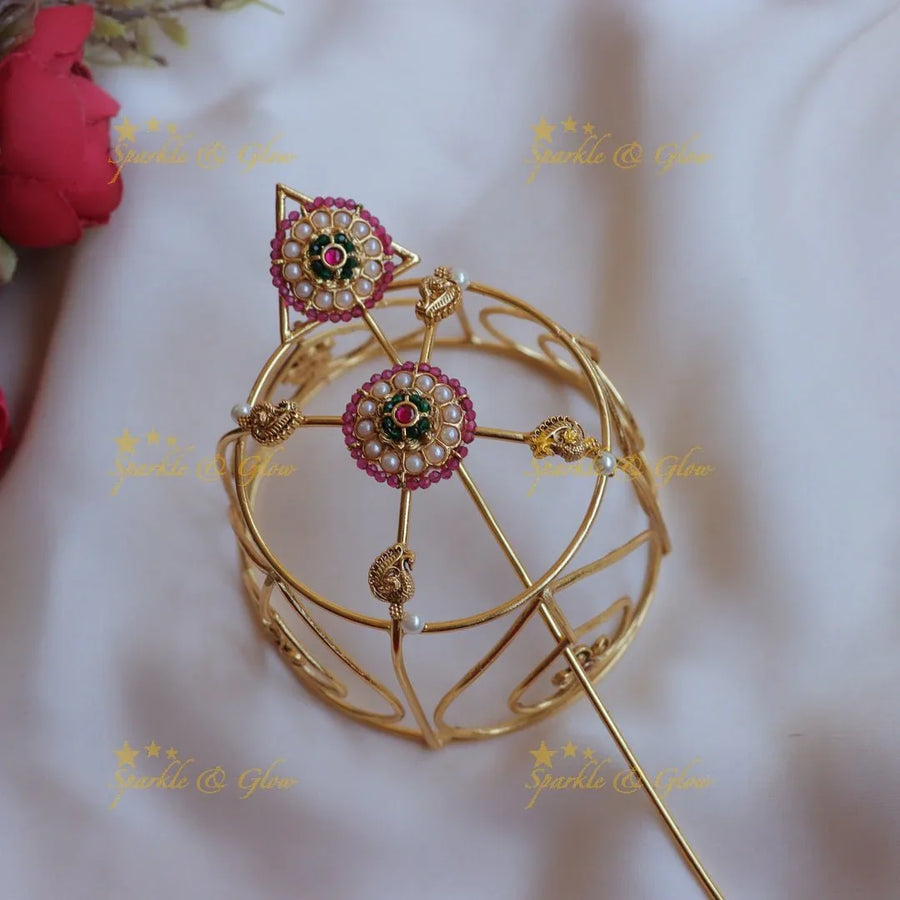 Stunning gold alike floral and peacock jadau multi colour Hair bun holder - Sparkle and Glow