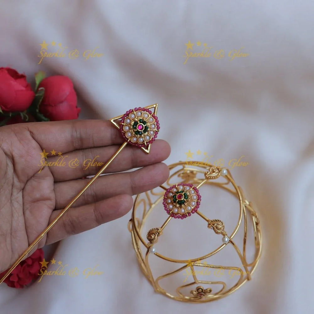 Stunning gold alike floral and peacock jadau multi colour Hair bun holder - Sparkle and Glow