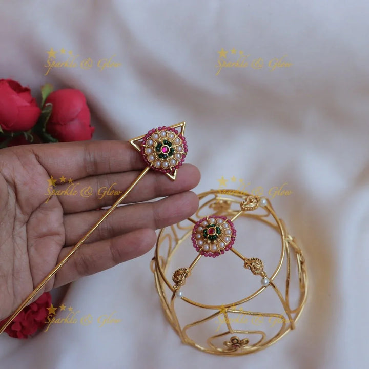 Stunning gold alike floral and peacock jadau multi colour Hair bun holder - Sparkle and Glow