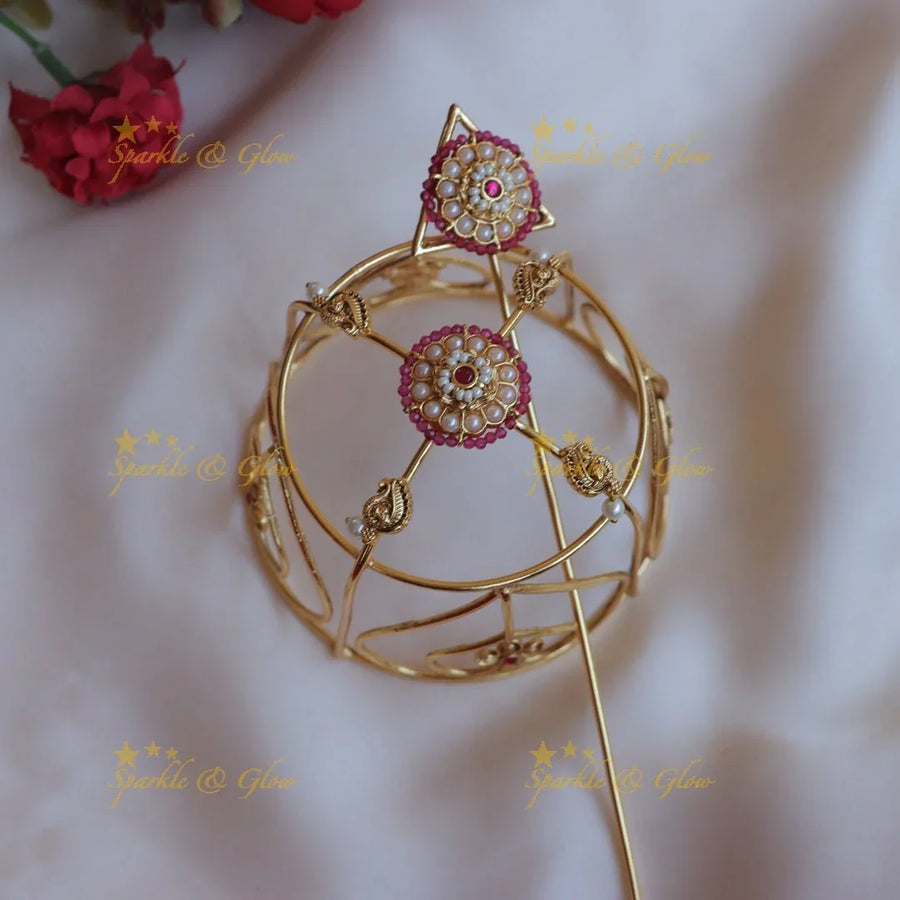 Gorgeus gold alike floral and peacock jadau hair bun holder - Pink - Sparkle and Glow