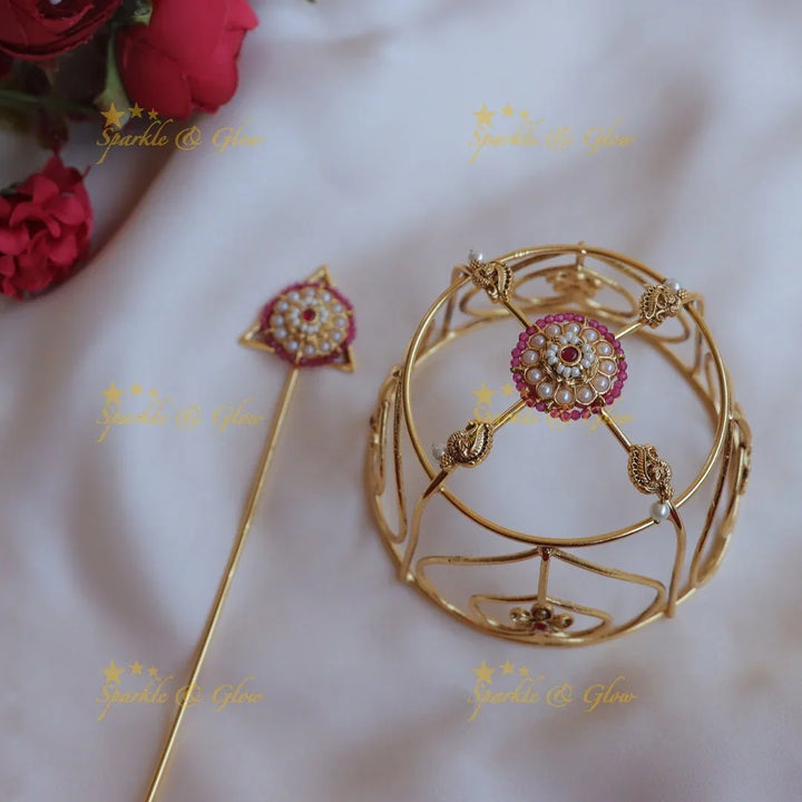 Gorgeus gold alike floral and peacock jadau hair bun holder - Pink - Sparkle and Glow