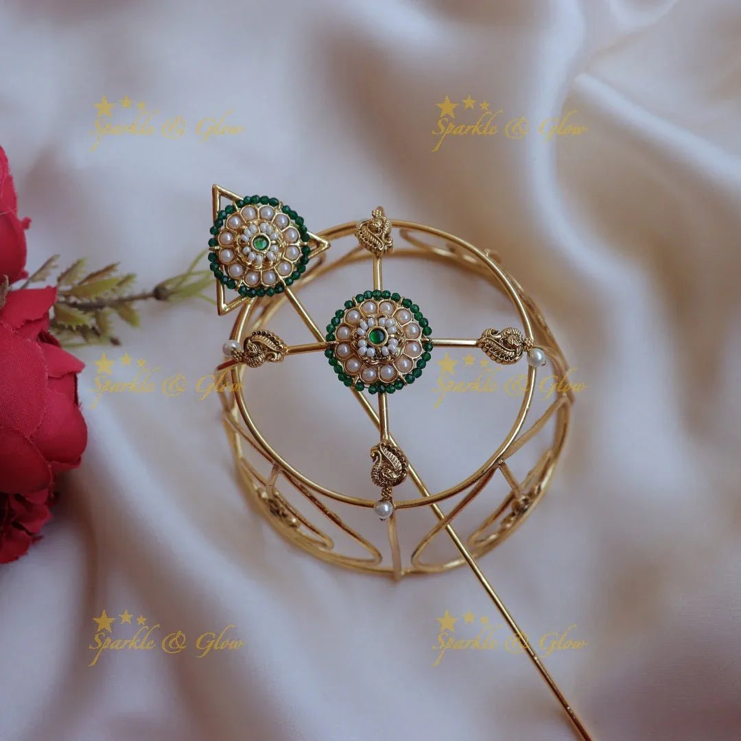 Gorgeus gold alike floral and peacock jadau hair bun holder - Pink - Sparkle and Glow