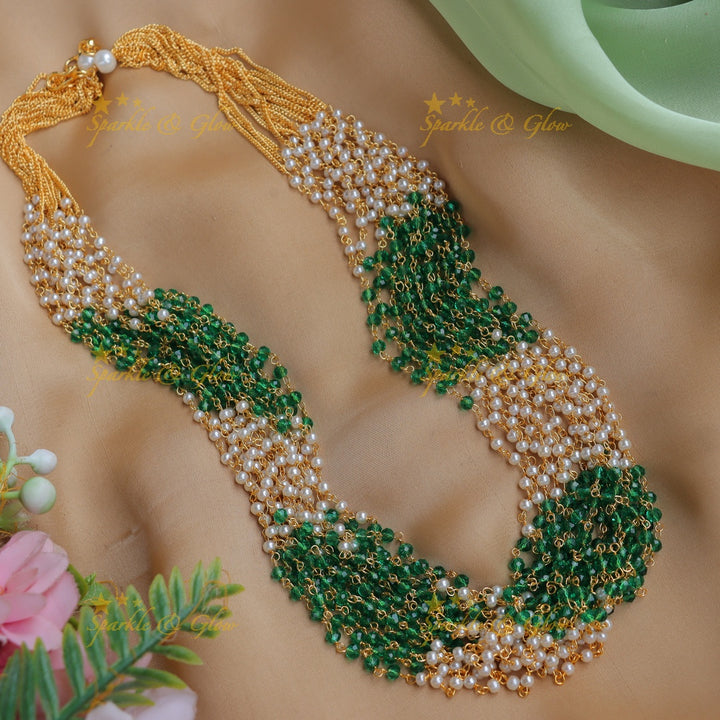 Stunning Multilayered Haram with Emerald beads and pearls-Green