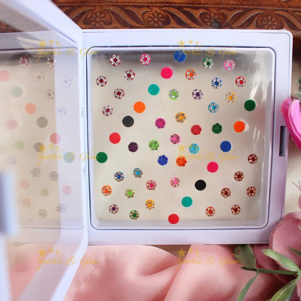 Elegant Round shaped Assorted colour Bindi box - Sparkle and Glow