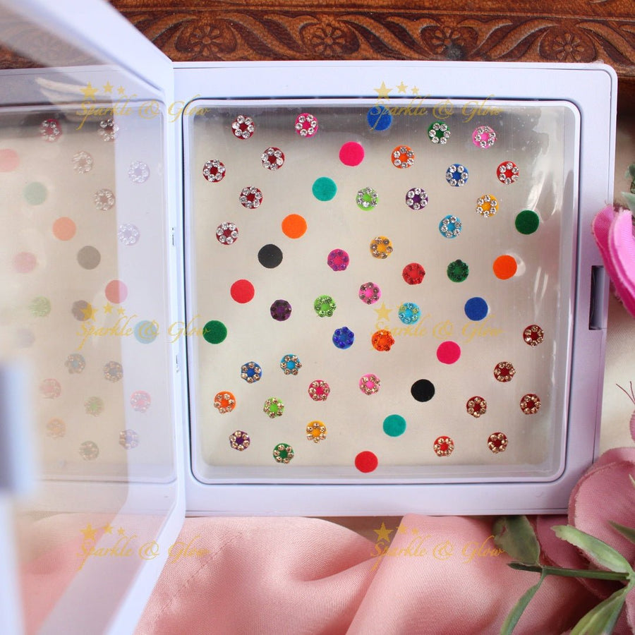 Elegant Round shaped Assorted colour Bindi box - Sparkle and Glow - 