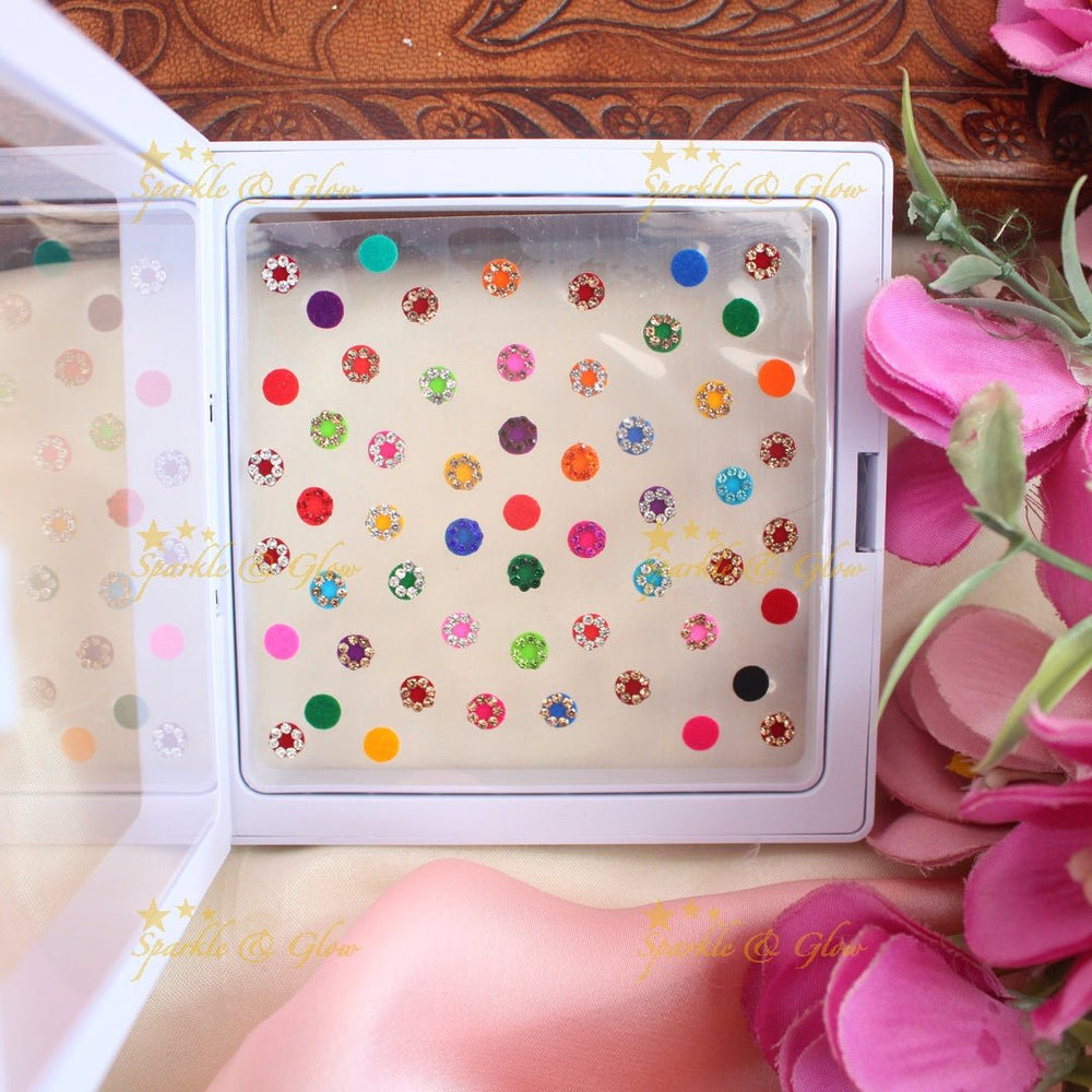 Beautiful Assorted coloured Bindi box with stones - Sparkle and Glow - 