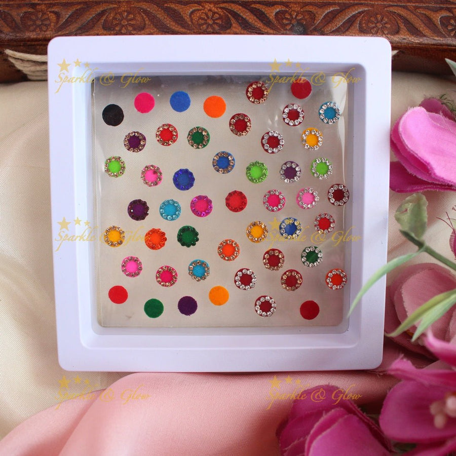 Beautiful Assored Coloured Round shaped Bindi box - Sparkle and Glow - 
