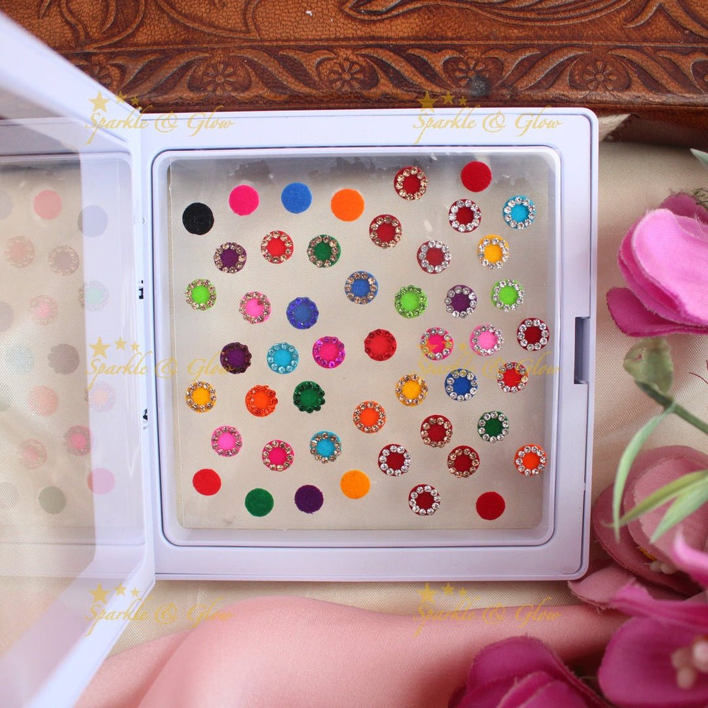 Beautiful Assored Coloured Round shaped Bindi box - Sparkle and Glow - 