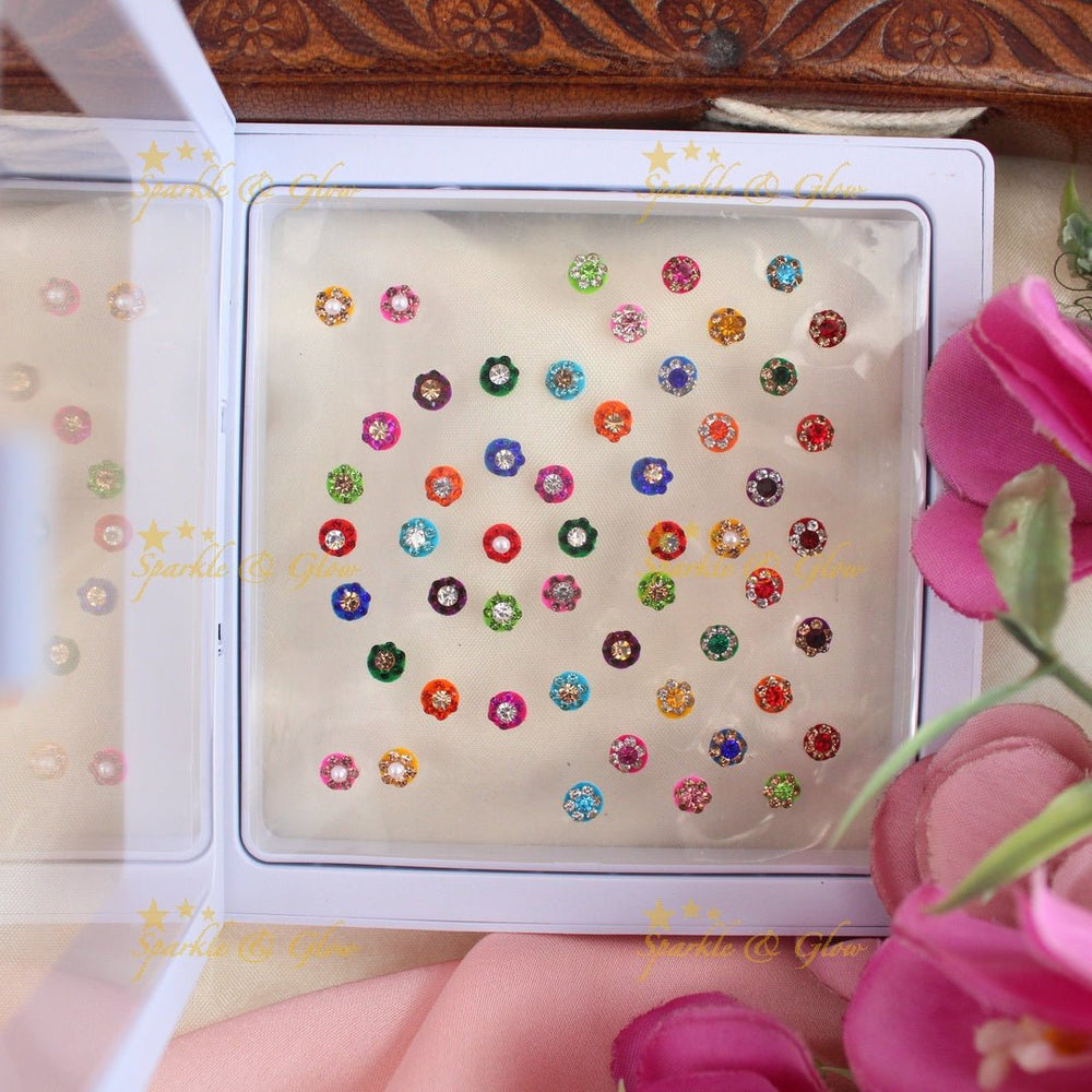 Beautiful Round shaped Bindi box with pearls and stones - Sparkle and Glow - 
