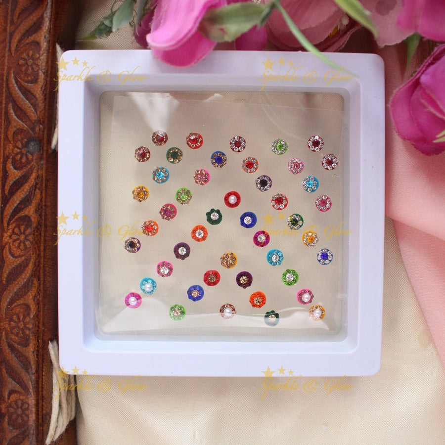 Beautiful Round shaped Bindi box with pearls and stones - Sparkle and Glow - 