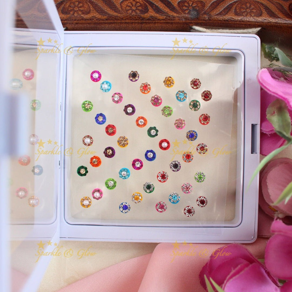 Beautiful Round shaped Bindi box with pearls and stones - Sparkle and Glow - 