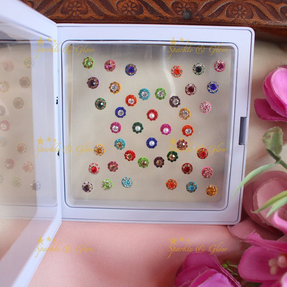 Stunning Round shaped Bindi box with pearls and stones - Sparkle and Glow - 