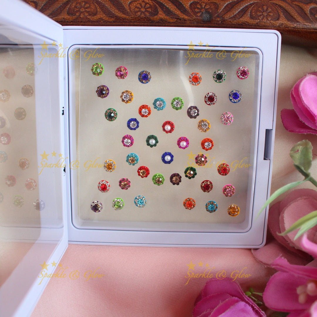 Stunning Round shaped Bindi box with pearls and stones - Sparkle and Glow - 