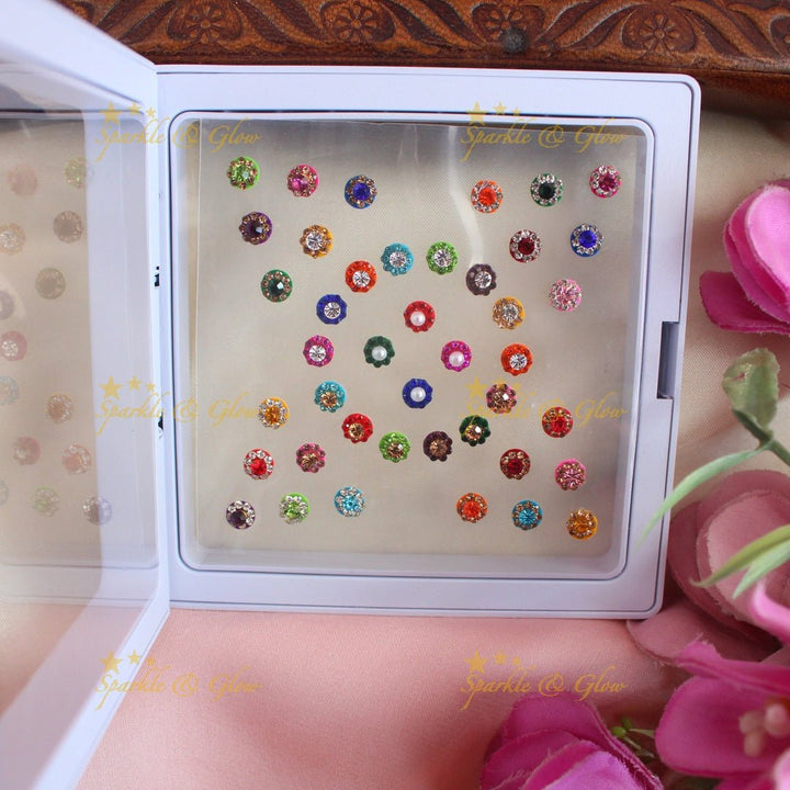 Stunning Round shaped Bindi box with pearls and stones - Sparkle and Glow - 