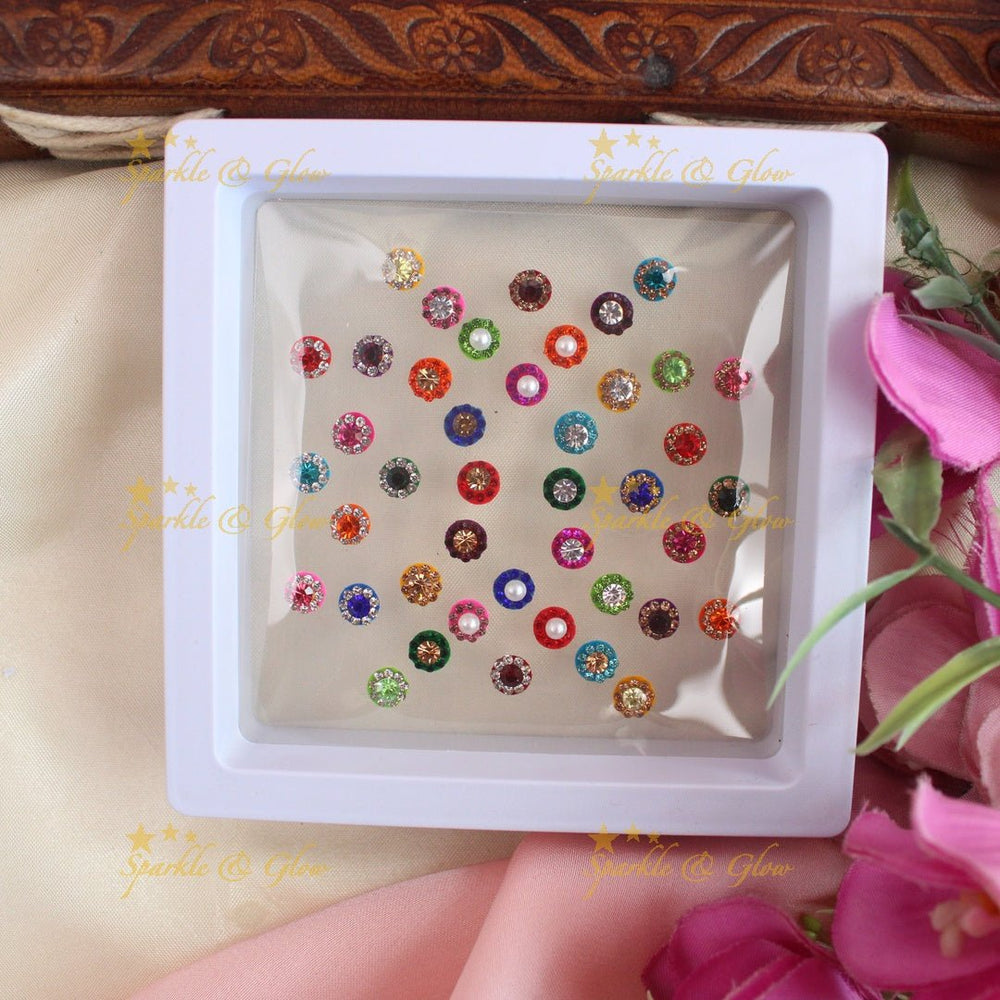 Stunning Round shaped Bindi box with pearls and stones - Sparkle and Glow - 