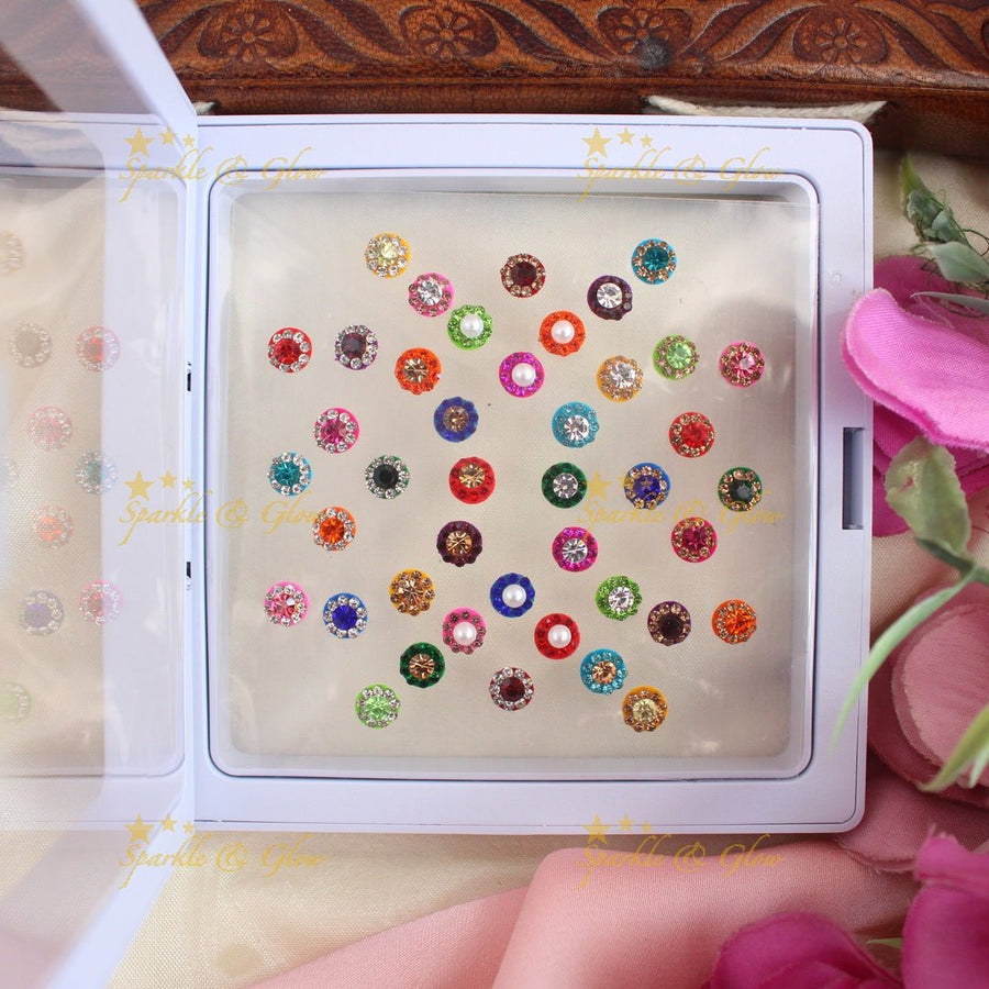 Stunning Round shaped Bindi box with pearls and stones - Sparkle and Glow - 