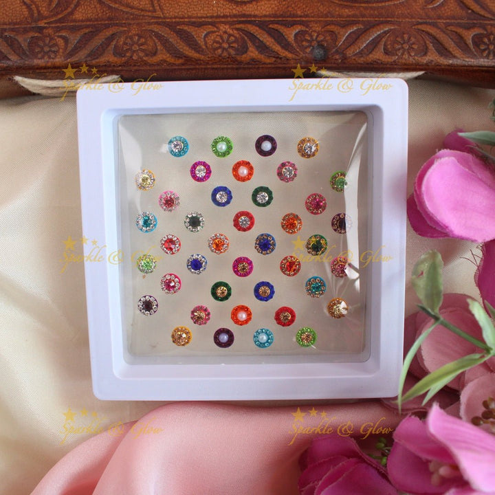 Elegant Round shaped Bindi box with Assorted colours - Sparkle and Glow - 