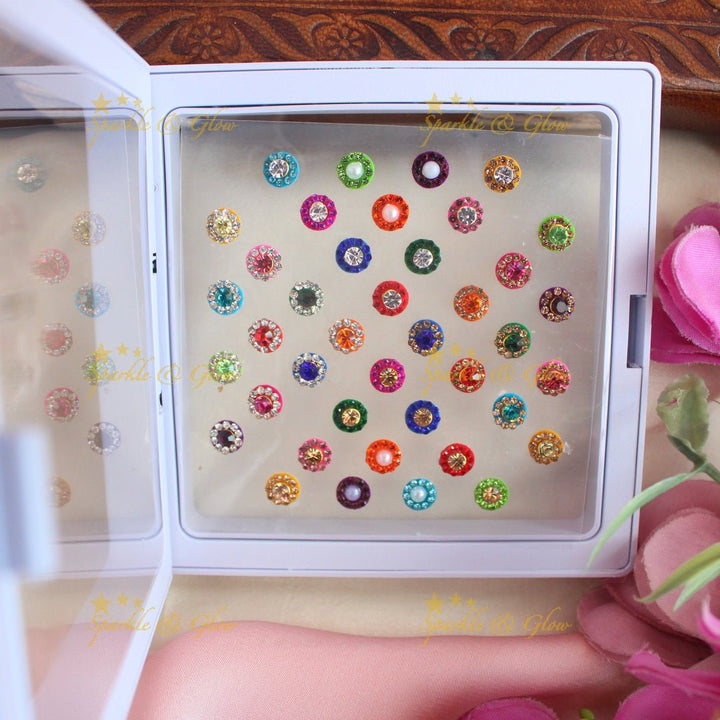 Elegant Round shaped Bindi box with Assorted colours - Sparkle and Glow - 