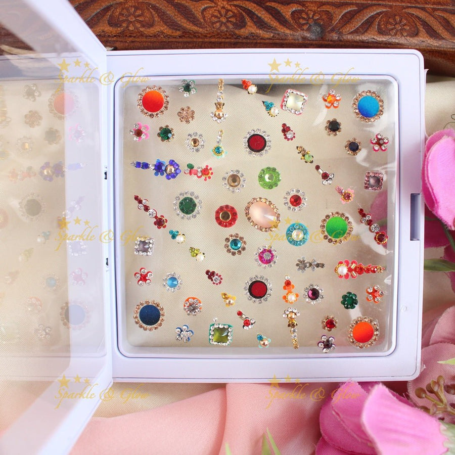 Heavy Stone work Bridal Bindi box with Assorted colour and size - Sparkle and Glow - 