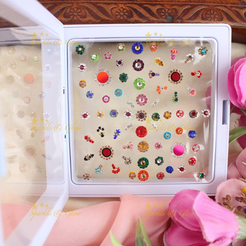 Beautiful Multi coloured Bridal bindi box with different size - Sparkle and Glow - 