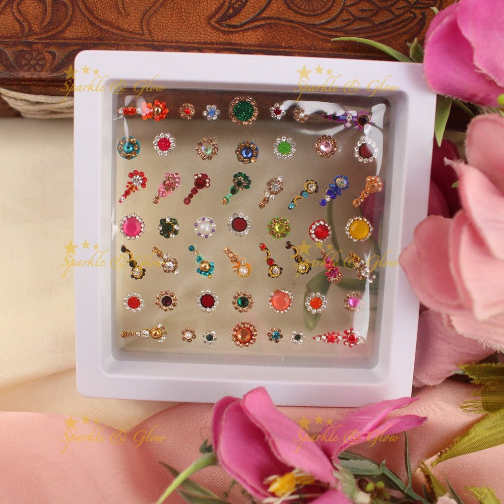 Elegant Assorted Colour Bindi box with stones and pearls - Sparkle and Glow - 