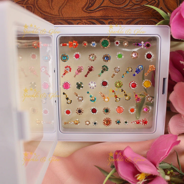 Elegant Assorted Colour Bindi box with stones and pearls - Sparkle and Glow - 
