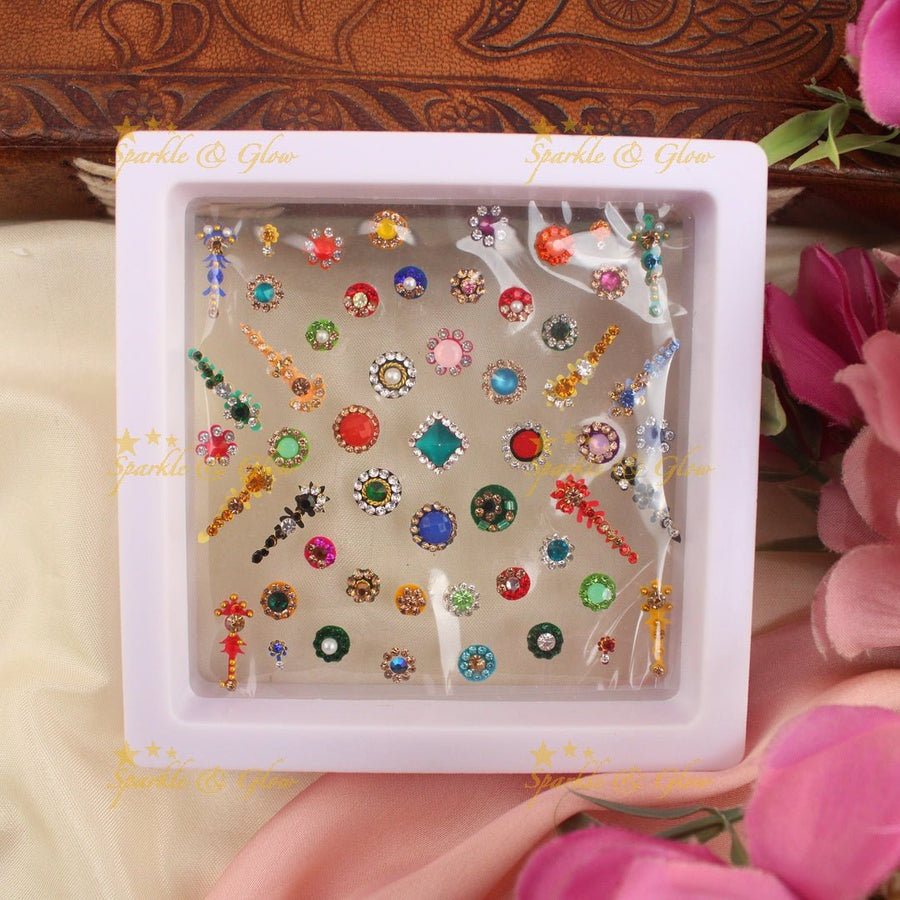 Stunning Assorted Colour Bridal bindi box with different size and design - Sparkle and Glow - 