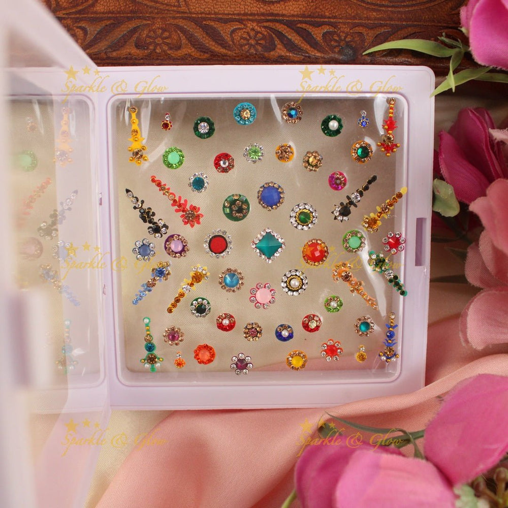 Stunning Assorted Colour Bridal bindi box with different size and design - Sparkle and Glow - 