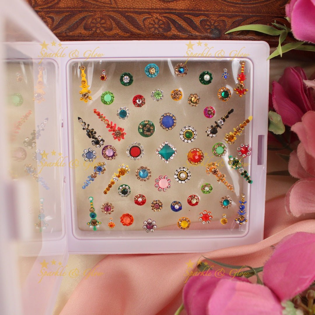 Stunning Assorted Colour Bridal bindi box with different size and design - Sparkle and Glow - 