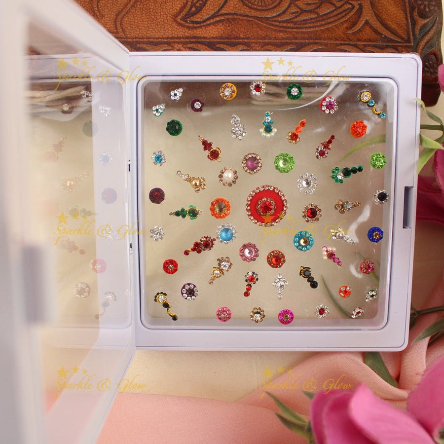 Beautiful stone work Bridal bindi box with Assorted Colours - Sparkle and Glow - 