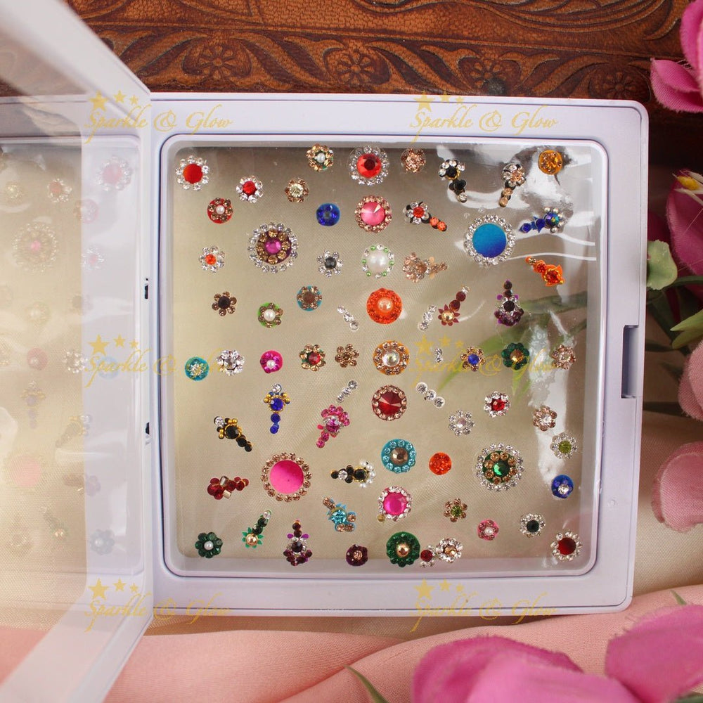 Stunning Assorted Colour Bridal bindi box with different size and design - Sparkle and Glow - 
