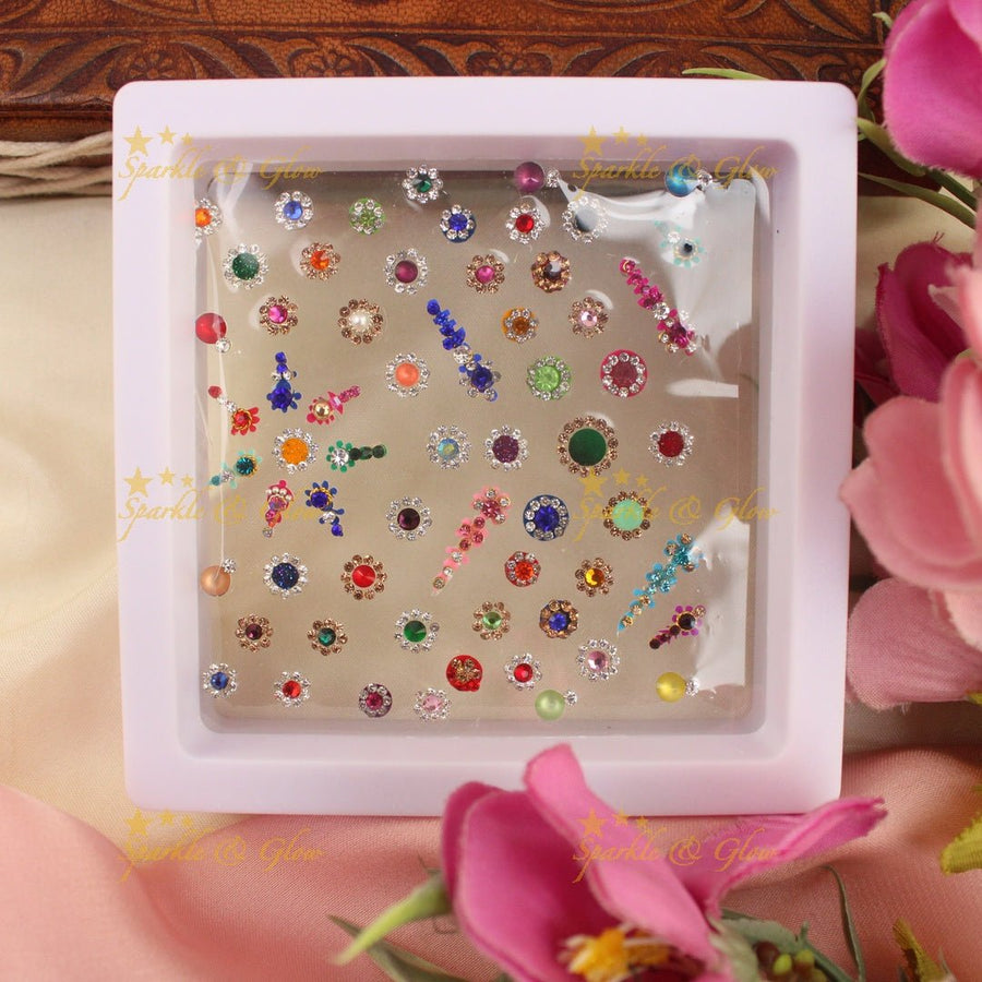 Elegant Assorted Colour Bindi box with stones and pearls - Sparkle and Glow - 