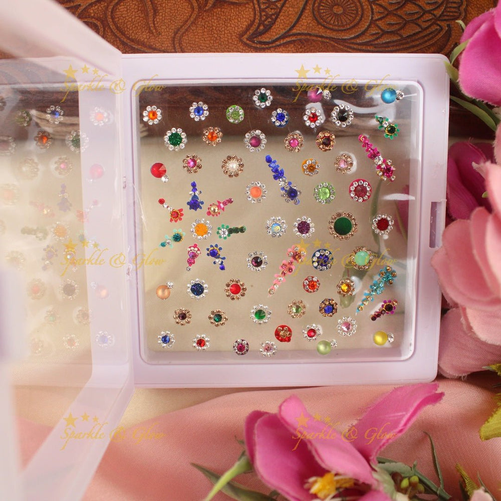 Elegant Assorted Colour Bindi box with stones and pearls - Sparkle and Glow - 
