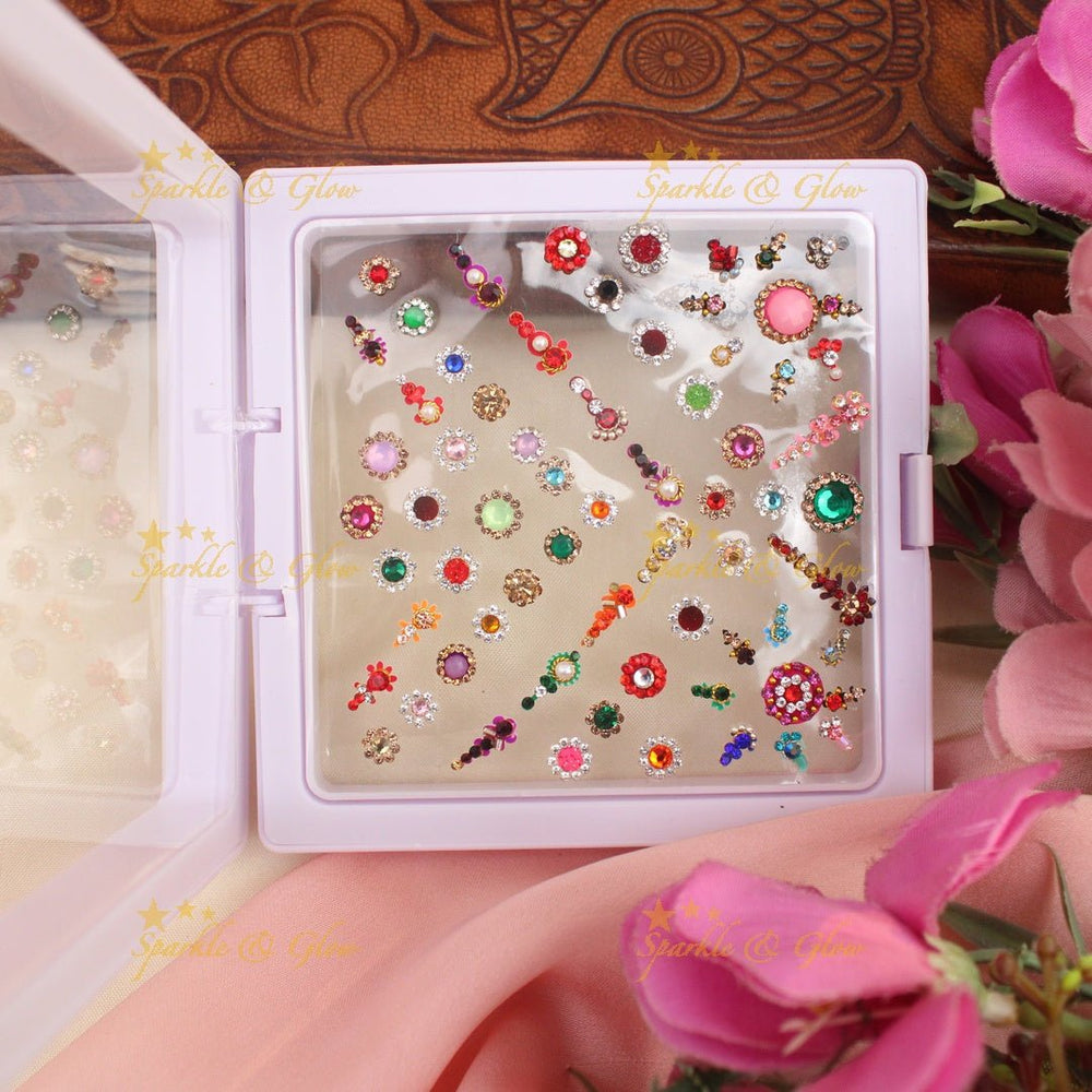 Heavy Stone work Bridal Bindi box with Assorted colour and size - Sparkle and Glow - 