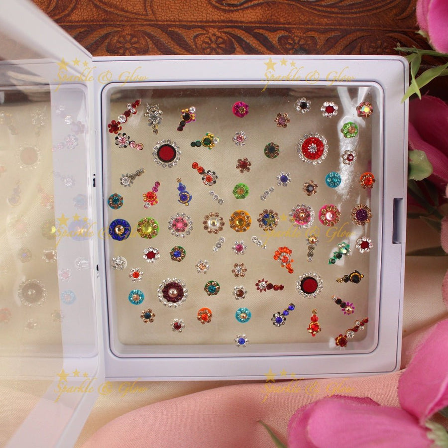 Beautiful stone work Bridal bindi box with Assorted Colours - Sparkle and Glow - 
