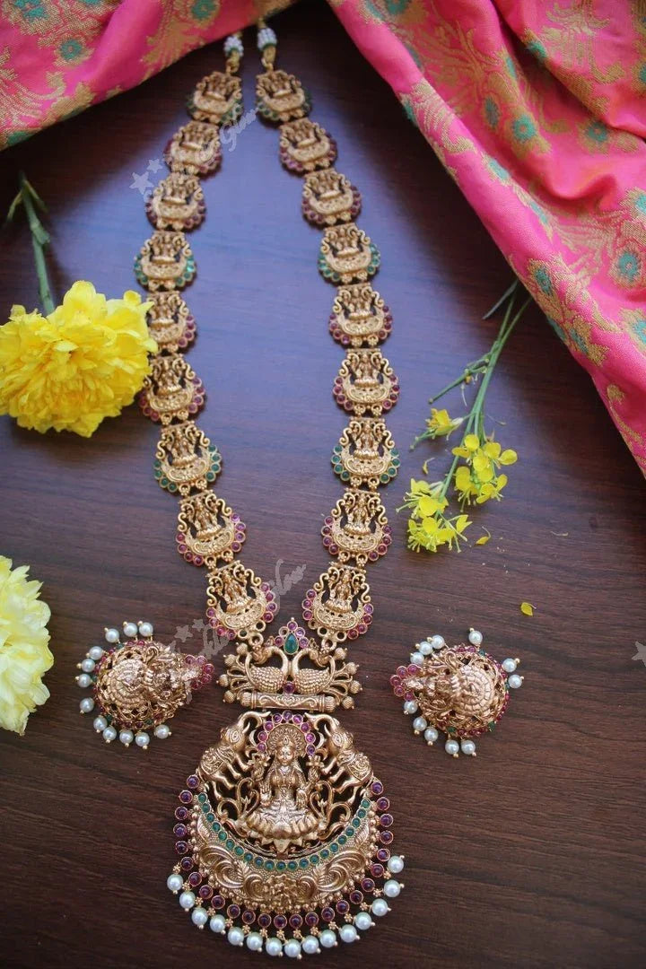 Real kemp stones premium quality matte elegant lakshmi haram - Pink Gold - Sparkle and Glow