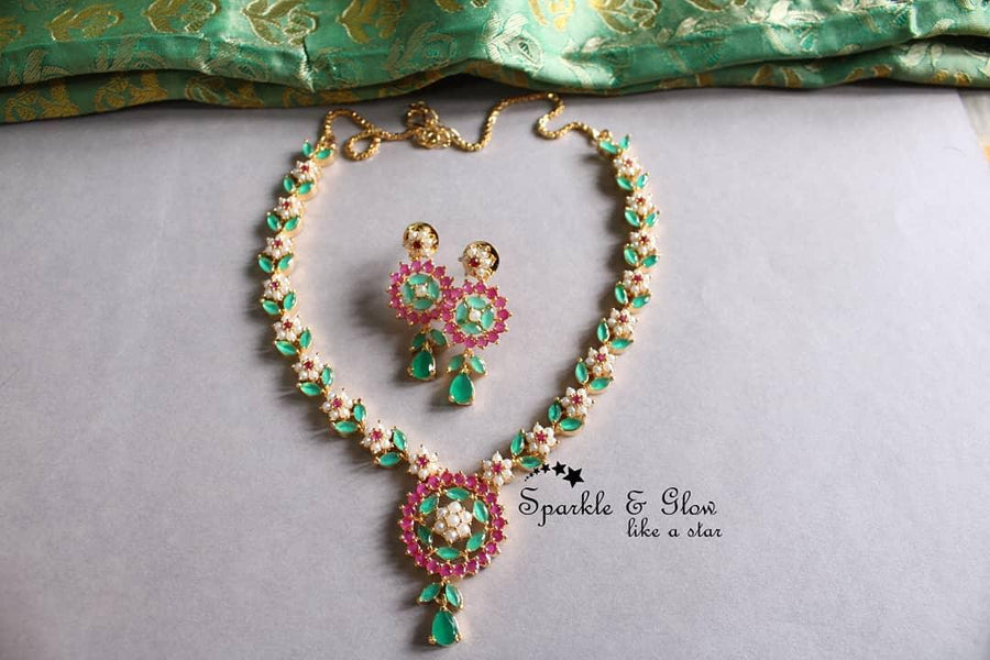 Flower and leaf design AD stone necklace - Multi - Sparkle and Glow