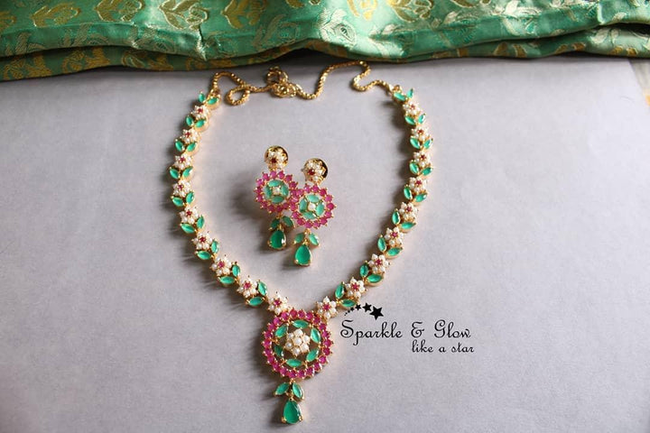Flower and leaf design AD stone necklace - Multi - Sparkle and Glow