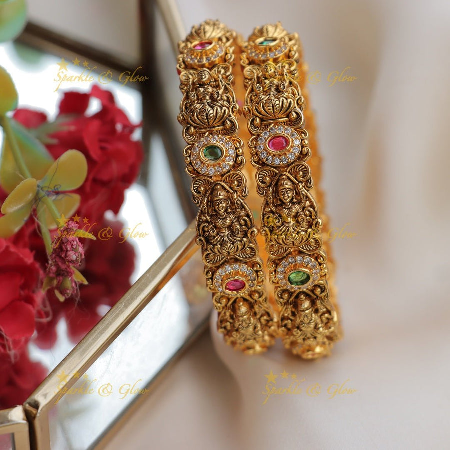 Antique Lakshmi Gold - alike Temple Bangles with CZ & Kemp Stones - Sparkle and Glow - 2.6 - 